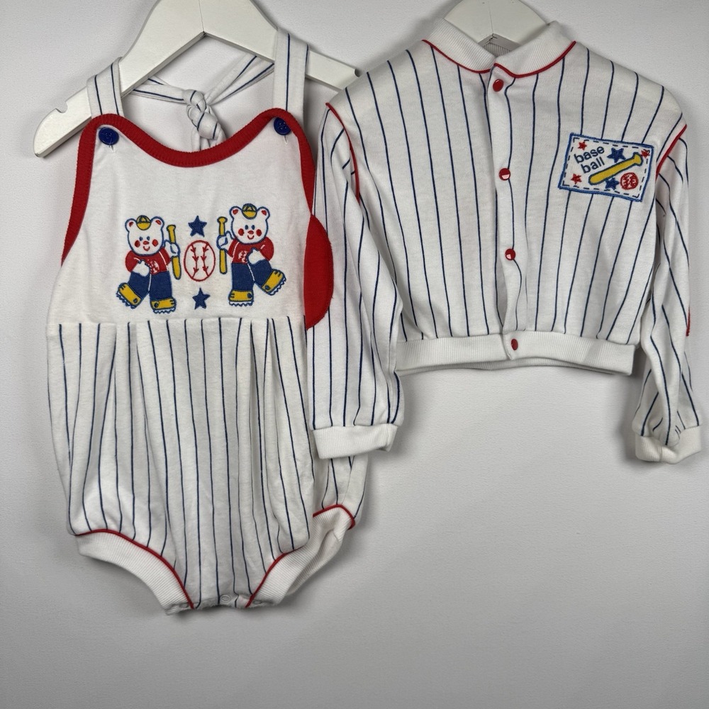 Vintage Doe-Spun Baby Boys Romper Jumper & Jacket Baseball Stripes 24 Months
